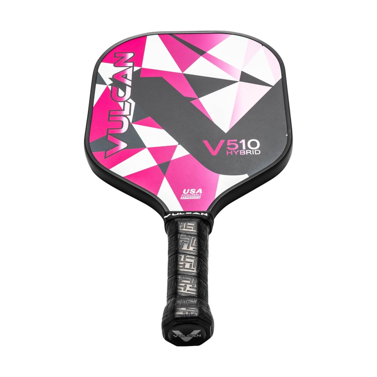 Front view of a pink and gray pickleball paddle with VULCAN and V510 HYBRID text.
