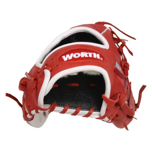 Front view of a red baseball glove with white trim and WORTH branding.