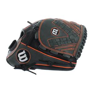Side view of a black fastpitch glove with orange stitching and a white Wilson logo.