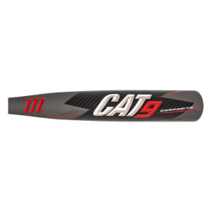 Side view of a gray baseball bat with red m logo, CAT9 text, and COMPOSITE label.