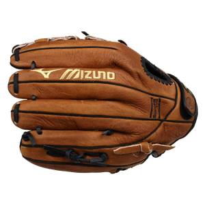 Front view of a brown Mizuno fastpitch mitt with gold branding and black lacing.
