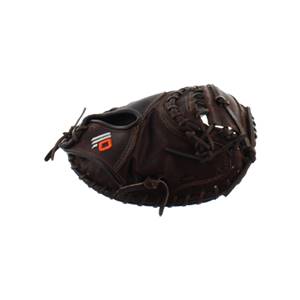 Top-down view of a brown catchers mitt with orange logo and dark brown lacing.