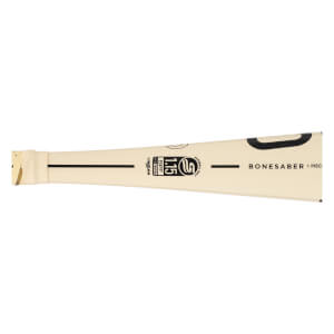 Mid-section view of a cream baseball bat with BONESABER text, a 1.15 BPF stamp, and cream grip tape.