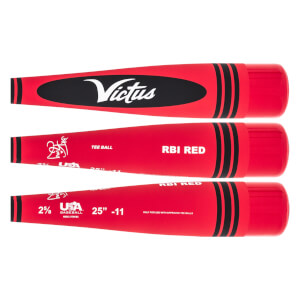 Top-down view of red baseball bats with black accents, Victus branding, and RBI RED text.