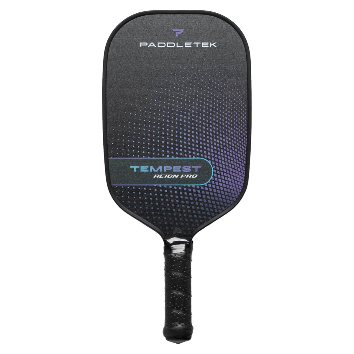 Front view of a black pickleball paddle with PADDLETEK and TEMPEST REIGN PRO text and a purple gradient design.