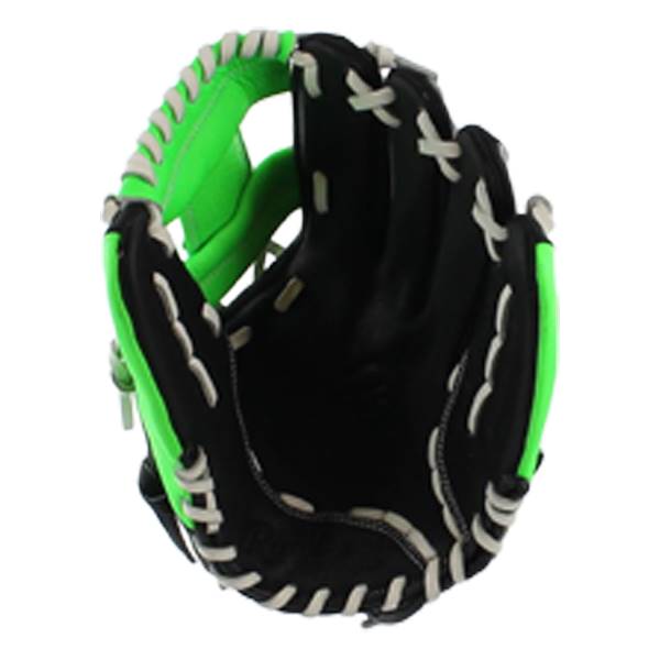 Inside view of a black baseball glove with neon green accents and white lacing.