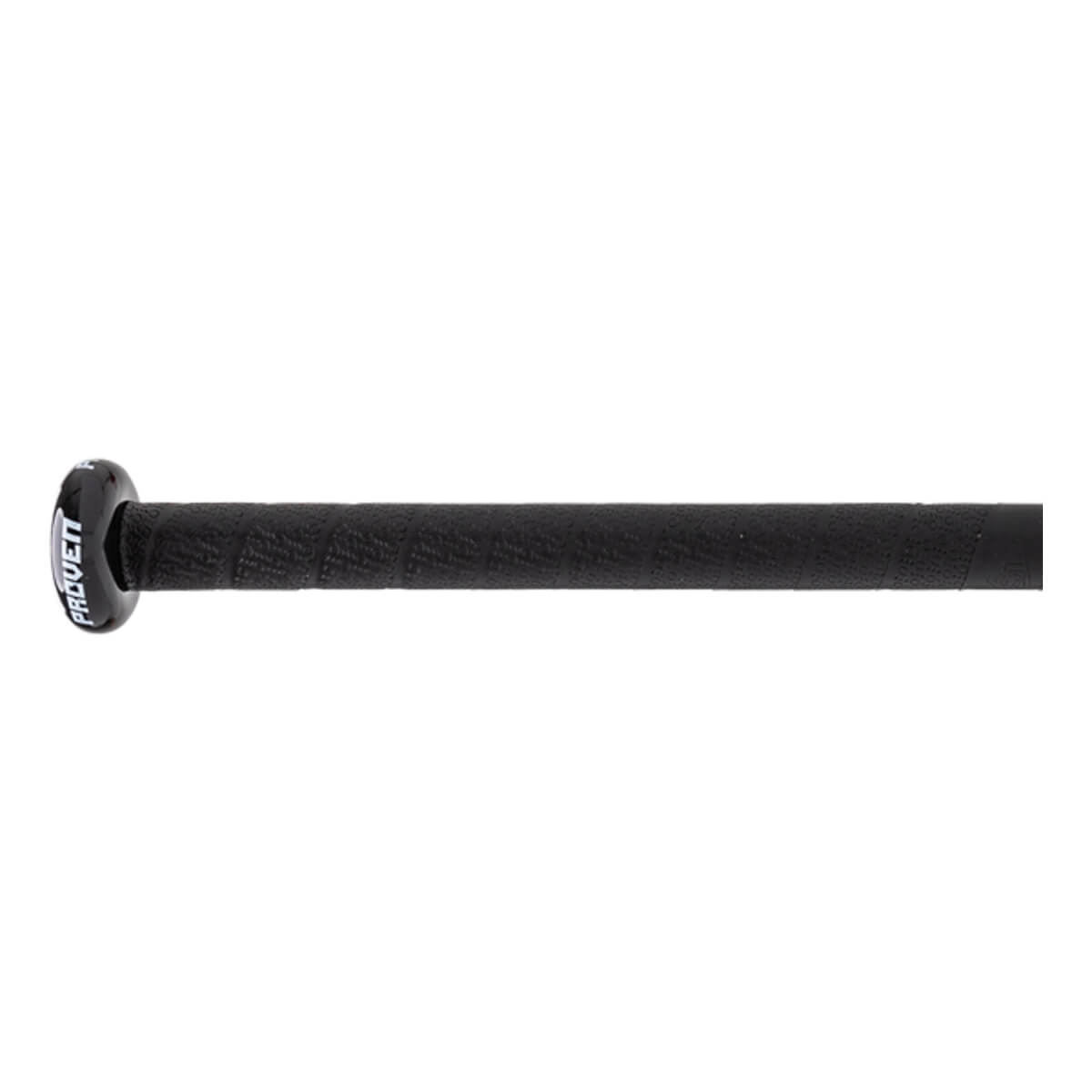 Close-up of a black softball bat with a textured grip and PROVEN on the end cap.