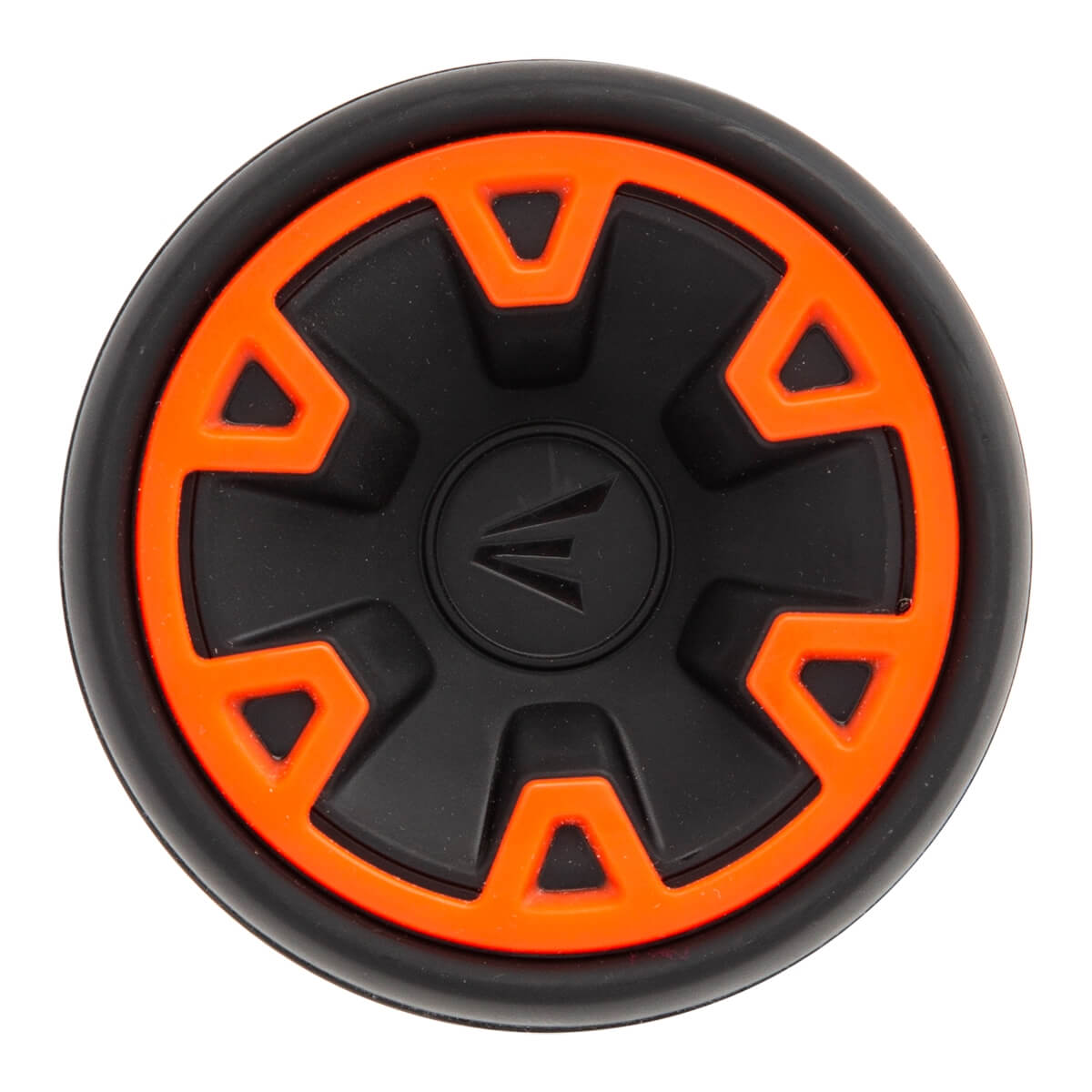 End cap view of a black baseball bat with orange geometric accents and an Easton logo.