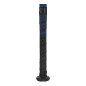 Close-up of a black baseball bat grip with blue patterned texture and Rawlings logo.