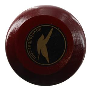 Top-down view of a dark red baseball bat with a black circular logo featuring a gold bird and dovetailbat.com.