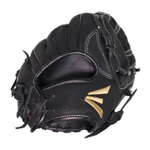 Side view of a black Easton softball glove with gold Easton logo and white stitching.