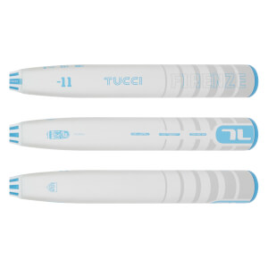 Multiple side views of a white and light blue fastpitch softball bat with TUCCI FIRENZE text, -11 weight, and a TL logo.