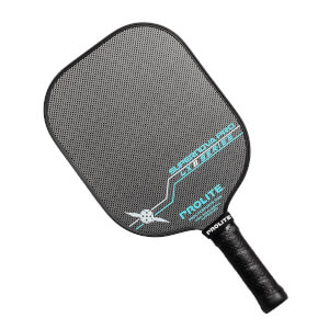 Top-down view of a black pickleball paddle with a textured surface, PROLITE SUPERNOVA PRO LX II SERIES text, and a pickleball logo.
