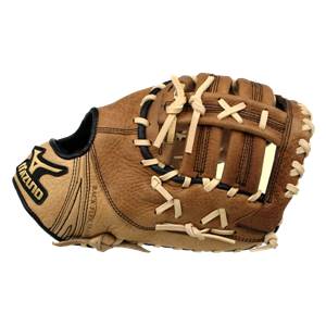 Side view of a tan baseball glove with black and tan lacing and Mizuno logo.