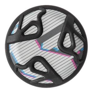 Top-down view of a black baseball bat end cap with white stripes and pink and blue accents.