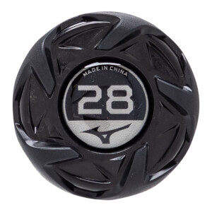 Close-up of a black bat end cap with a silver circular insert showing 28 and Mizuno logo, surrounded by a textured design.