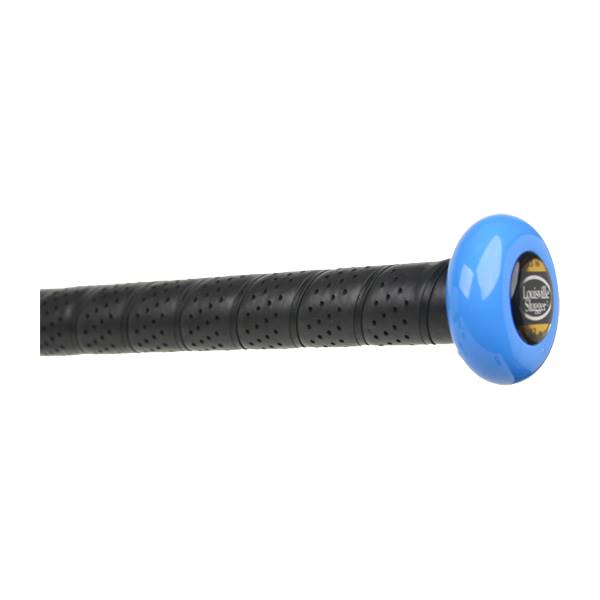 Side view of a blue Louisville Slugger bat with a black perforated grip.