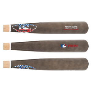 Three views of a gray Louisville Slugger wood baseball bat with LS logo and PRIME branding.