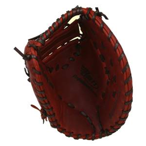Top-down view of a red baseball mitt with dark brown lacing and a Brett logo.