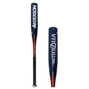 Side view of a blue and red youth baseball bat with ANDERSON and TECHZILLA branding.
