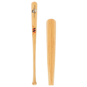 Front view of a natural wood baseball bat with M^Powered and Python logos.