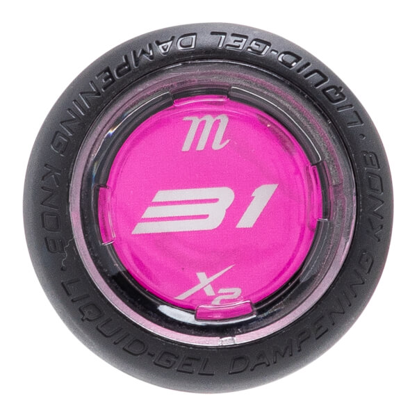 Top-down view of the pink bat knob featuring silver "m", "B1", and "X2" logos surrounded by a black ring embossed with "LIQUID-GEL DAMPENING KNOB" text.