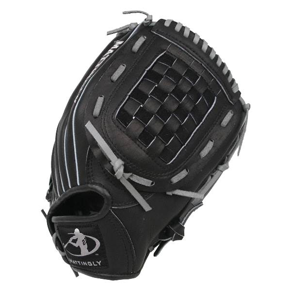 Top-down view of a black baseball glove with a woven pocket and MATTINGLY text.