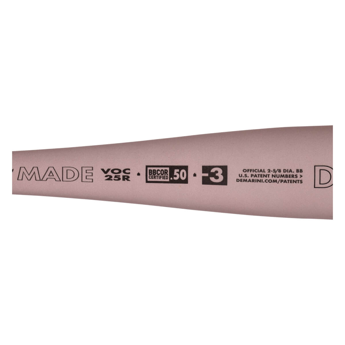 Close-up of a rose gold DeMarini baseball bat barrel with BBCOR CERTIFIED .50 -3 and patent info printed in black.