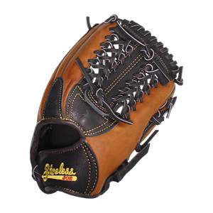 Front view of a brown and black baseball glove with Shoeless Joe branding and black lacing.