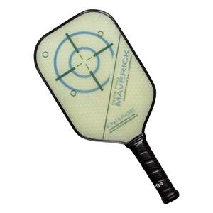 Top-down view of a light green pickleball paddle with a target design and Maverick text.