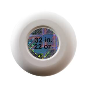 End view of a white softball bat with a holographic sticker showing 32 in. 22 oz. and BY PLAYERS FOR PLAYERS.