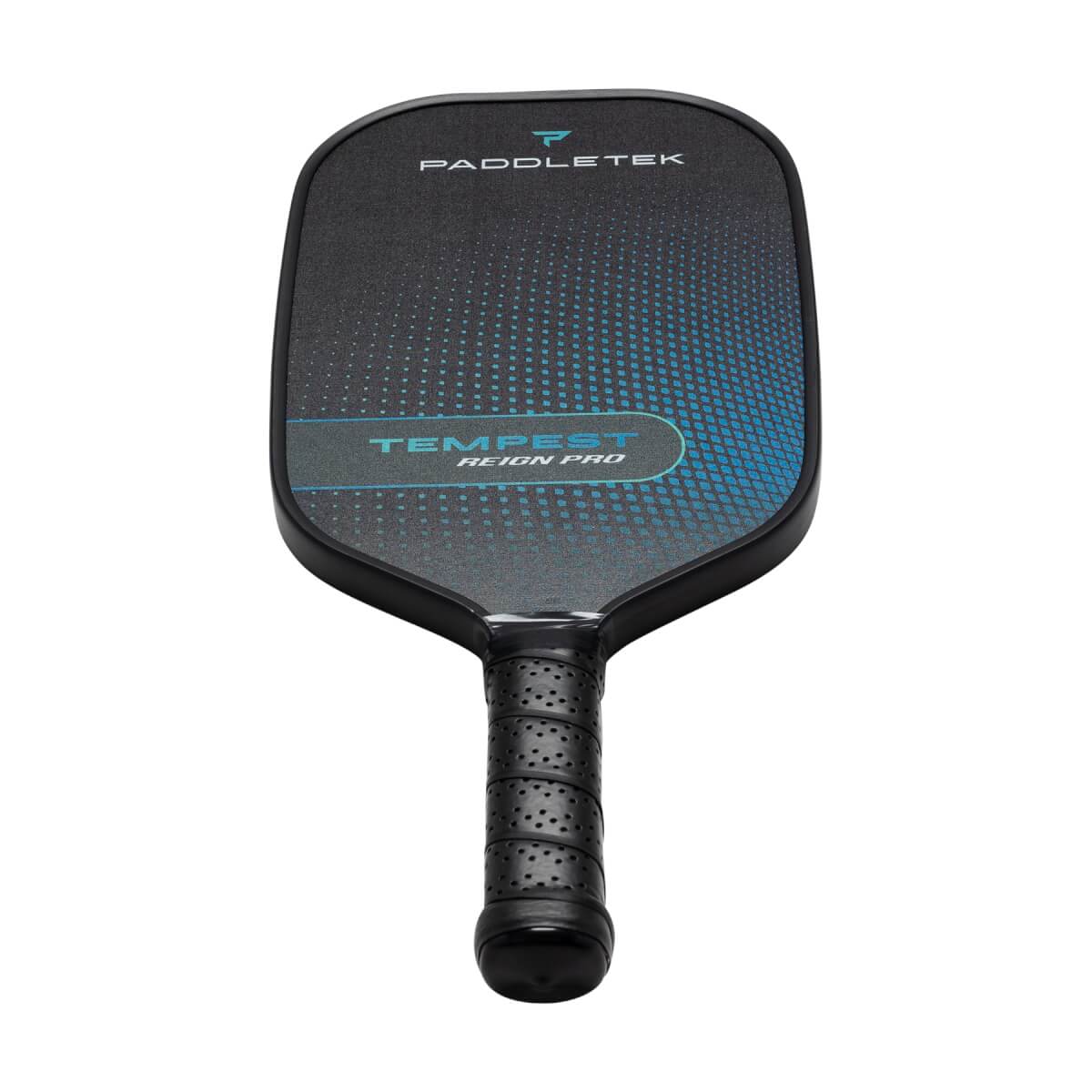 Top-down view of a black pickleball paddle with blue dot pattern and TEMPEST REIGN PRO text.