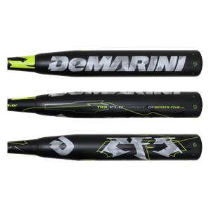 Top-down view of a black DeMarini baseball bat with yellow accents and CF5 LE branding.