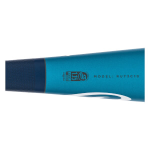 Side view of a teal baseball bat with a dark blue grip, USSSA 1.15 BPF certification, and MODEL: RUT3C10 text.