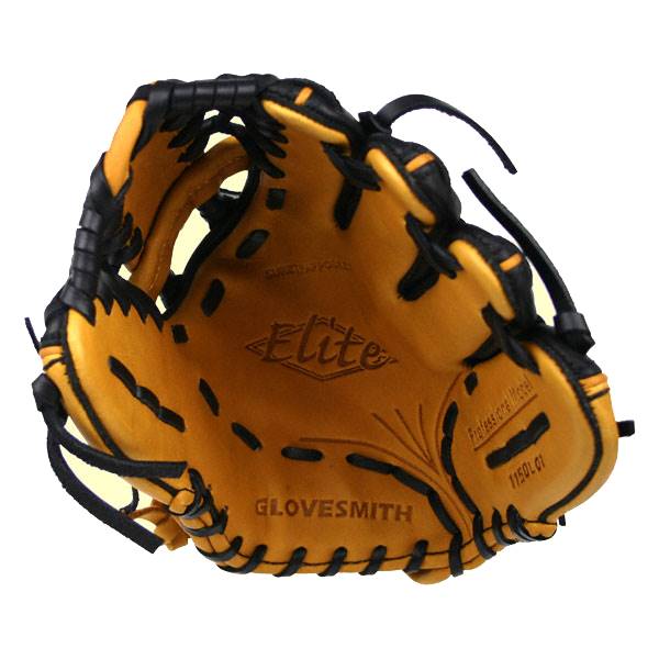 Inside view of a tan baseball glove with black lacing, Elite branding, and GLOVESMITH text.