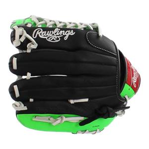 Side view of a black baseball glove with green accents and Rawlings branding.