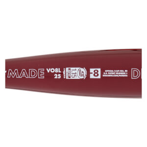 Side view of a maroon baseball bat with MADE, VO8L, 25, -8, and DEMARINI.COM/PATENTS text.