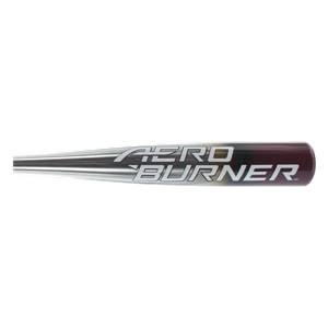 Side view of a red and silver baseball bat with AERO BURNER text.