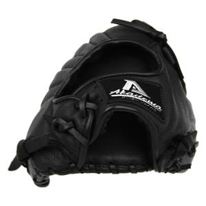 Top-down view of a black baseball glove with a white Akadema logo and detailed stitching.