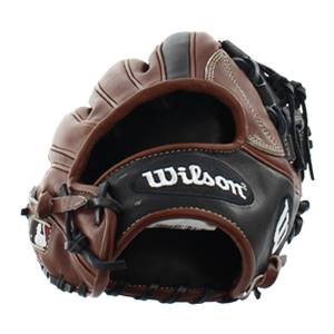 Top-down view of a brown and black baseball glove with Wilson branding and MLB logo.