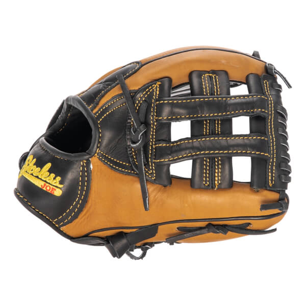 Side view of a tan and black baseball glove with yellow stitching and Shoeless Joe branding.