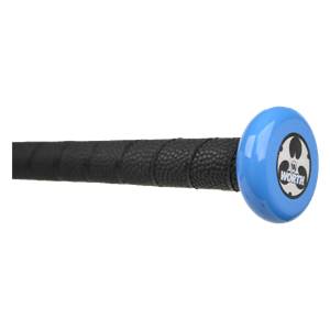 Close-up of a blue bat end with black grip and Worth logo.