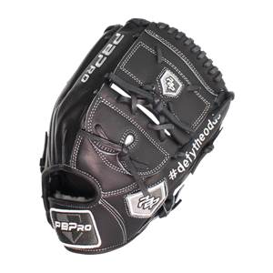 Top-down view of a black baseball glove with white stitching, PBPRO text, and #defytheodds hashtag.