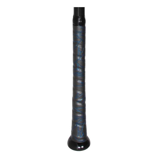 Close-up of a black baseball bat grip with blue DeMarini branding and a black end cap.