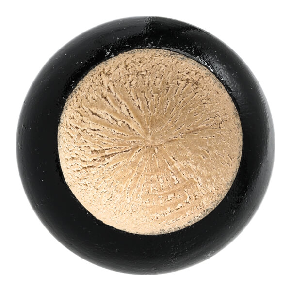 Top-down view of a black baseball bat end with exposed wood grain.