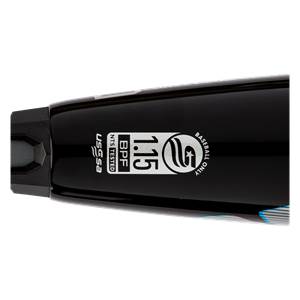 Close-up of a black baseball bat with USSSA, BPF 1.15, and BASEBALL ONLY text.