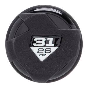End cap view of a black baseball bat with a textured outer ring, glossy center, and 31 26 OZ label.