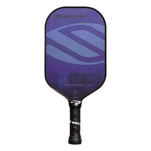 Front view of a purple pickleball paddle with Selkirk branding, Invikta text, and a textured grip.