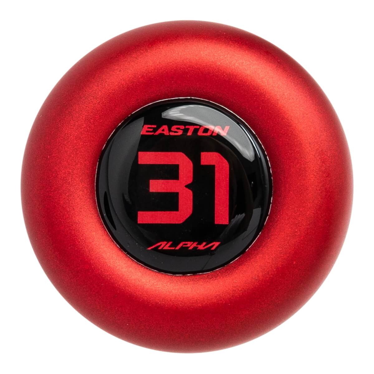 Top-down close-up of a red baseball bat end cap with a black circular insert featuring EASTON, 31, and ALPHA in red.