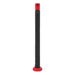 Side view of a black slow pitch softball bat with a red end cap and red branding on the handle.